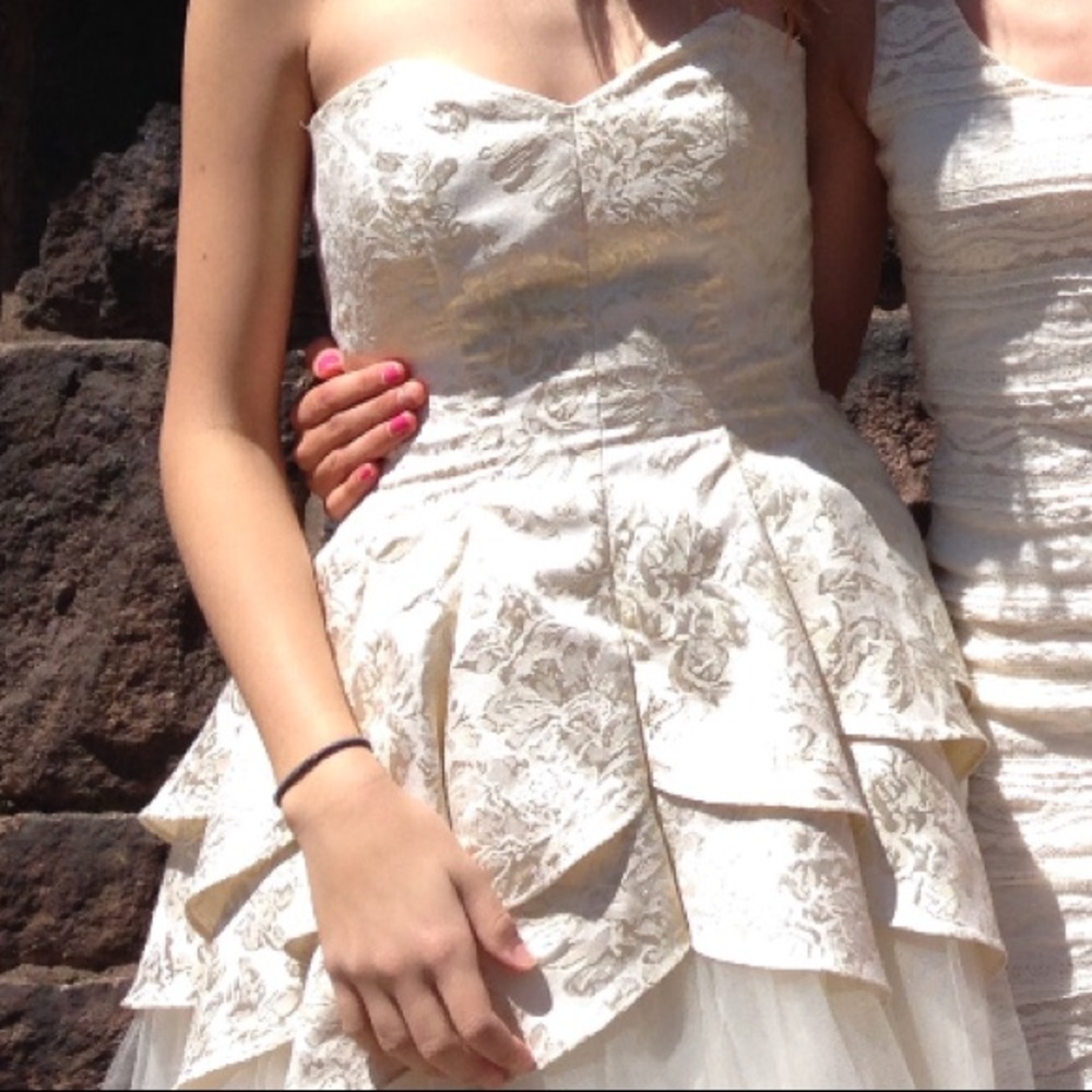 White ivory and gold fit and flare Windsor dress